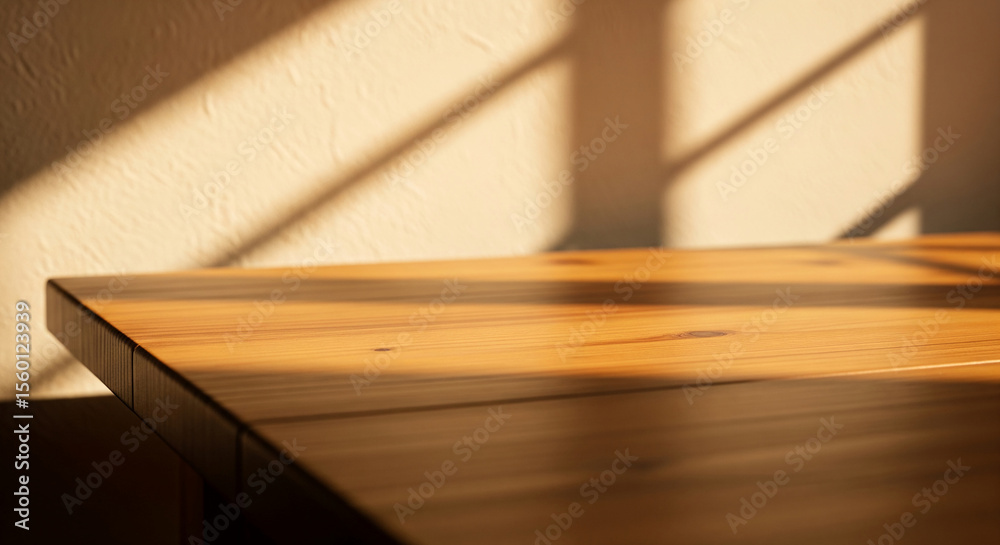 Poster sunny light illuminates a wooden table, showcasing its warm, smooth texture ideal for product displa