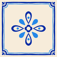 Vector illustration with mediterranean ceramic tiles with hand drawn floral and geometric motifs in blue and beige colors © tanyabosyk
