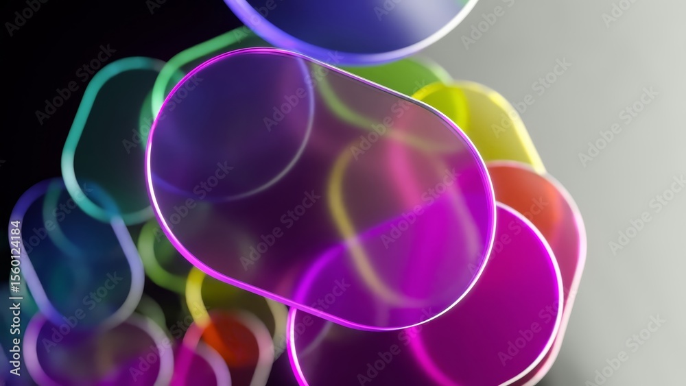 Poster neon-edged oval shapes gliding smoothly across dark background, generating vibrant abstract animatio