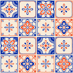 Seamless mediterranean tile pattern with hand drawn floral and geometric motifs in blue and beige colors, traditional ceramic design inspired by italian, spanish and portuguese vintage tiles © tanyabosyk