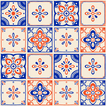 Seamless mediterranean tile pattern with hand drawn floral and geometric motifs in blue and beige colors, traditional ceramic design inspired by italian, spanish and portuguese vintage tiles