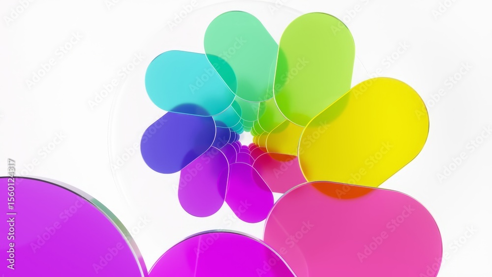 Poster transparent colorful ovals form a mesmerizing spiral pattern, rotating slowly against a clean white 