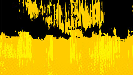 Yellow background with black brush strokes from above and some halftone dots.