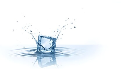 An ice cube splashes into a drink on a shiny surface, set against a white backdrop.
