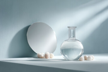serene composition featuring delicate glass objects and mirrors emphasizing gentle curves and transparency