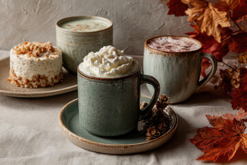 cozy autumn scene featuring warm drinks and seasonal dishes surrounded by colorful leaves and natural elements