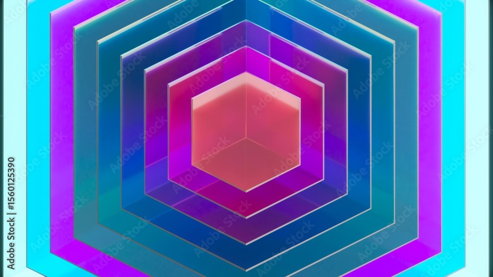 Poster neon light growing inside hexagonal tunnels. rotating dynamically on turquoise and black backgrounds