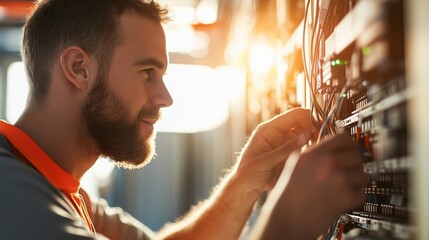 Technician performing electrical maintenance in control room during sunset while managing wires and equipment
