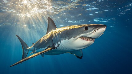 Naklejka premium Great white shark in ocean sunlight