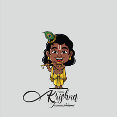 Happy Krishna Janmashtami Cartoon style illustration of a blue-skinned boy and a brown-skinned girl dressed as Krishna and Radha, standing side by side. The Krishna is holding a flute