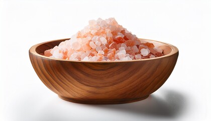 a wooden bowl filled with himalayan salt on a white or transparent background