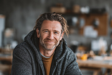 Confident Portrait: Captivating portrait of a relaxed, middle-aged man radiating warmth and self-assurance. His eyes tell a story of experience, hinting at a life well-lived.