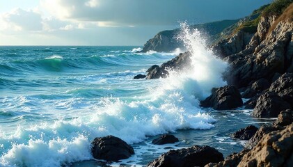 Obraz premium Dramatic Turbulent Ocean Waves Crashing on Rugged Dark Rocks, Coastal Landscape Photography