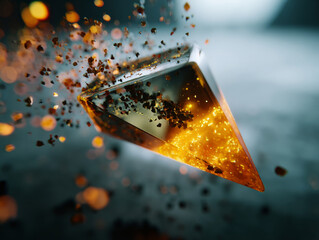 Exploding glowing shard with flying particles and warm golden light