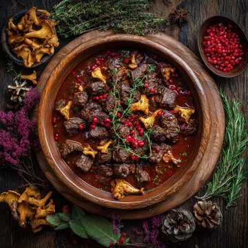 Wild goulash with red berries and chanterelles styled with autumn herbs