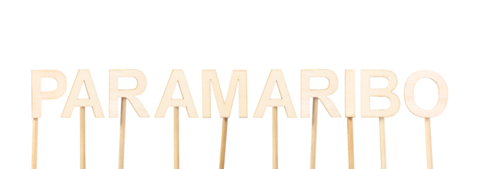 Paramaribo, capital of Suriname, built with thin wooden letters on white background