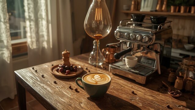 A velvety espresso stream cascades into a petite, hand-thrown ceramic cup, its surface crowned by a luxuriant 