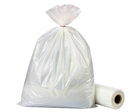 Full clear plastic trash bag with a roll of replacement liners on a transparent background