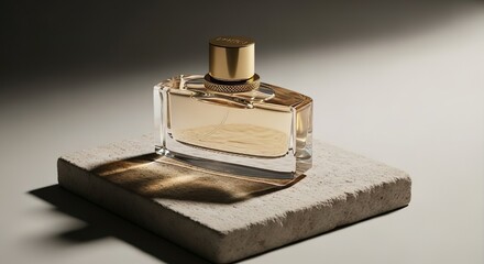 Luxury Perfume Bottle on Stone Platform with Shadow Play