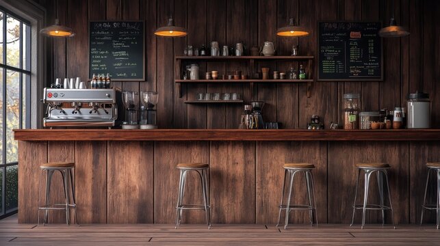 Coffee shop interior with wooden walls, metal stools, and coffee bar