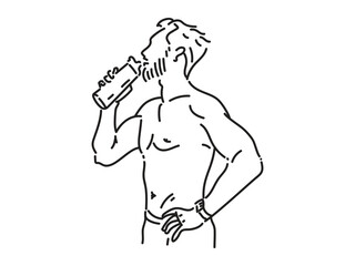 Sportsman Training, Exercise, Drinking Water, Line Art Vector Illustration