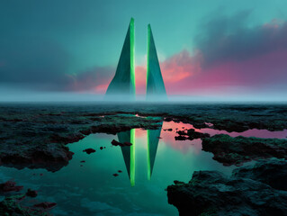 Crystalline twin spires reflected in water under moody sky with vivid sunset glow