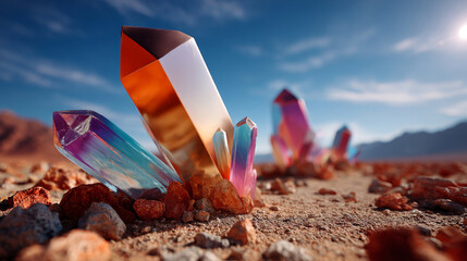 Shiny mineral crystals growing out of rocky desert ground under clear sky