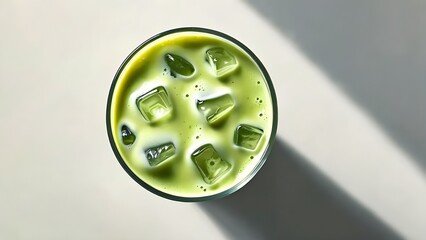 A glass of iced green matcha latte sitting on a white background with strong shadows. It's a refreshing summer drink. Aerial view. A healthy detox option.