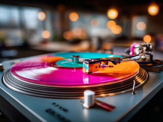 Close-up shot of a colorful spinning vinyl record on a modern turntable with a blurred background.