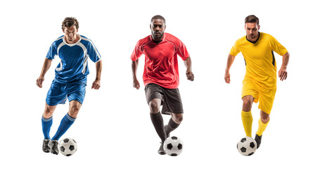 Soccer players running with ball on transparent background