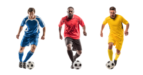 Soccer players running with ball on transparent background