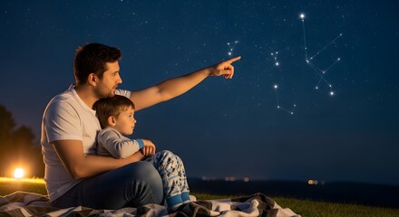 Father and son stargazing at night sky identifying constellations family astronomy outdoor activity father's day