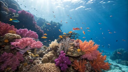 Vibrant Coral Reef Ecosystem with Colorful Soft Corals and Schools of Fish in Clear Blue Tropical Water