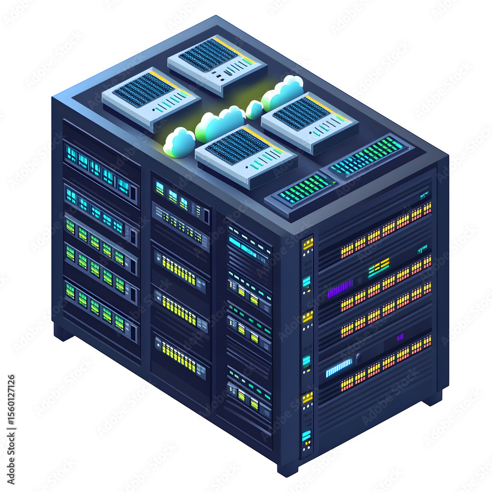 Aufkleber high resolution 3d render showcasing a cloud-computing themed isometric rack filled with network swi