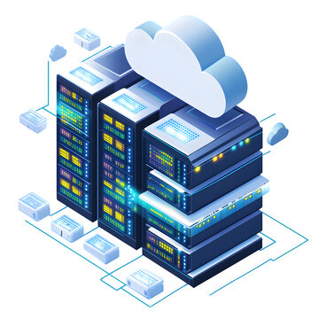 Detailed 3D render featuring A cloud-computing themed isometric rack filled with network switches and labeled drives. Dynamic perspective angle ideal for product mockups.