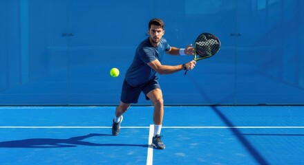 A focused male padel player in action during a match, hitting a forehand with his racket on a blue court under the sun.