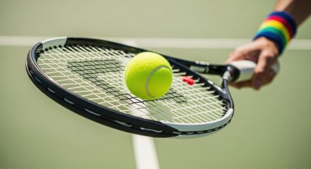 A tennis player with a retro rainbow wristband holds a racket with a ball, preparing to serve on a green court.