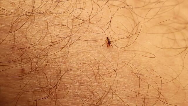 A flea crawling on a man's leg in a close-up shot. Highlights real-world parasite exposure, insect behavior, and health hazards. Useful for educational, medical, and environmental contexts.