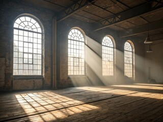 Fototapeta premium Sunlight streaming through arched windows illuminating a spacious abandoned warehouse interior with wooden floors