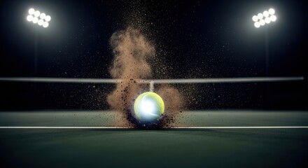A glowing tennis ball makes a powerful impact on a clay court at night, kicking up a cloud of dust under the bright stadium lights.