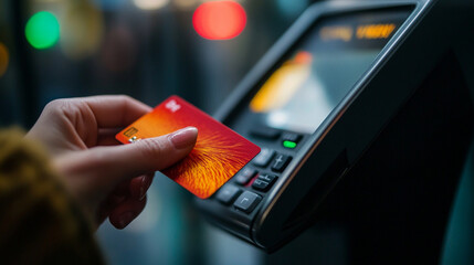 Close-up hand-with-card-approaching-terminal-focus-on-the-point-of-contact-between-card-and-terminal-light
