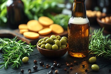 Rustic Autumn Dining with Fresh Olives, Aroma of Spices, and Craft Beer