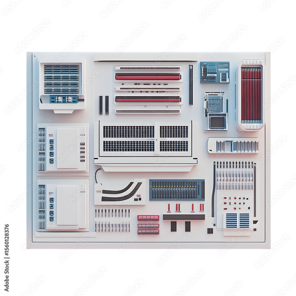 Poster high resolution 3d render showcasing a clean digital model of server components organized in layers 