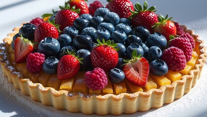 A vibrant fruit tart with berries and glazed top