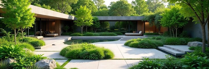 Obraz premium Aerial View of Modern Landscape Design Geometric Shapes, Lush Greenery, and Serene Fountain Walkway