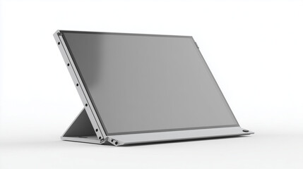 A gray portable monitor with a built in stand on a white background in a studio setting display device