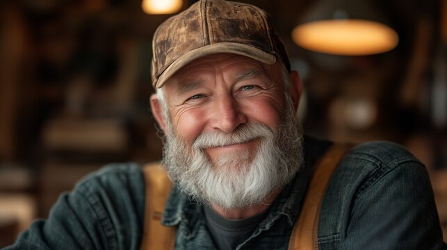 Portrait of a smiling elderly man wearing a cap and denim shirt in a rustic workshop setting