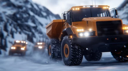 Peel and stick wall murals Heavy construction vehicles navigate snowy mountain terrain during winter work operations