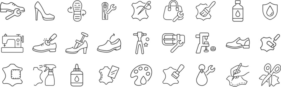 Leather and shoe repair service icon set featuring restoration, customization and maintenance tools. Footwear care, bag repair, handcraft, buckle and leathercraft process vector illustration.
