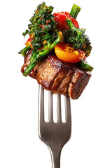 Forkful of cooked steak and vegetables